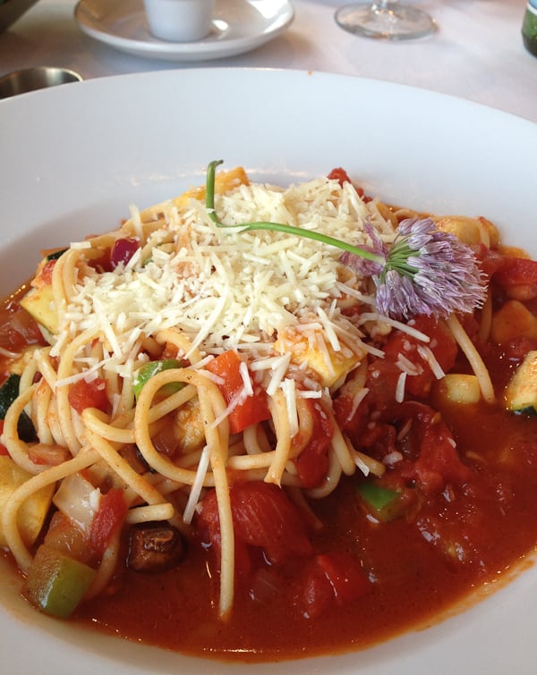 Spaghetti with garden vegetables at Sorrel River Ranch Restaurant Spaghetti with garden vegetables at Sorrel River Ranch Restaurant